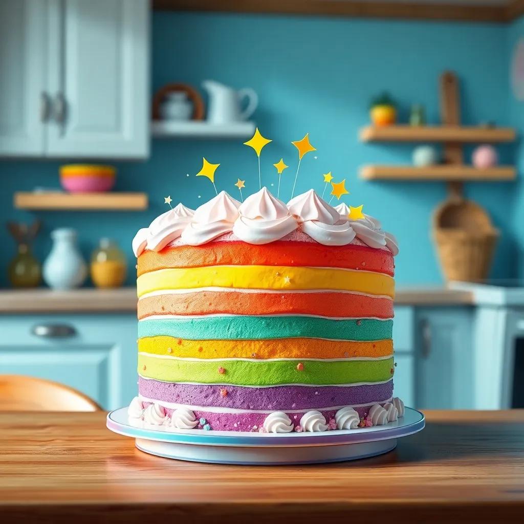 A beautiful rainbow cake with layers of color, decorated with fluffy frosting, sparkles, and edible stars, on a table in a cozy kitchen, vibrant colors, heartwarming, high quality