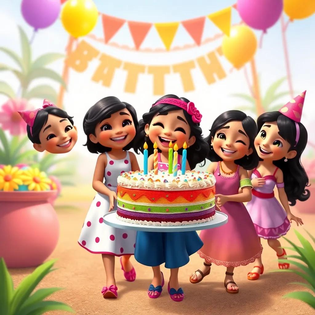 Coco and her friends carrying the rainbow cake to Mia's party, with big smiles and laughter, cheerful surroundings, bright colors, high quality