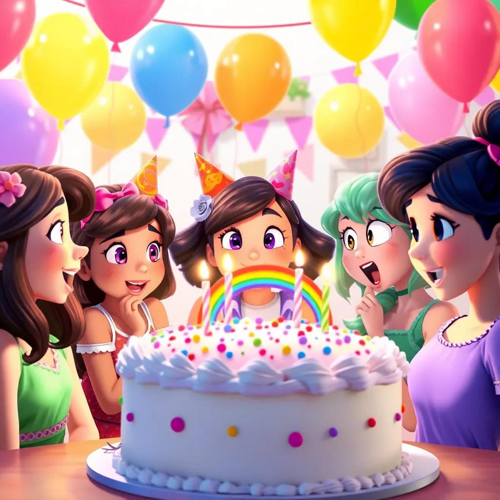 A vibrant party scene with Mia and friends gathered around the rainbow cake, amazed expressions, balloons, and decorations in the background, festive atmosphere, high quality