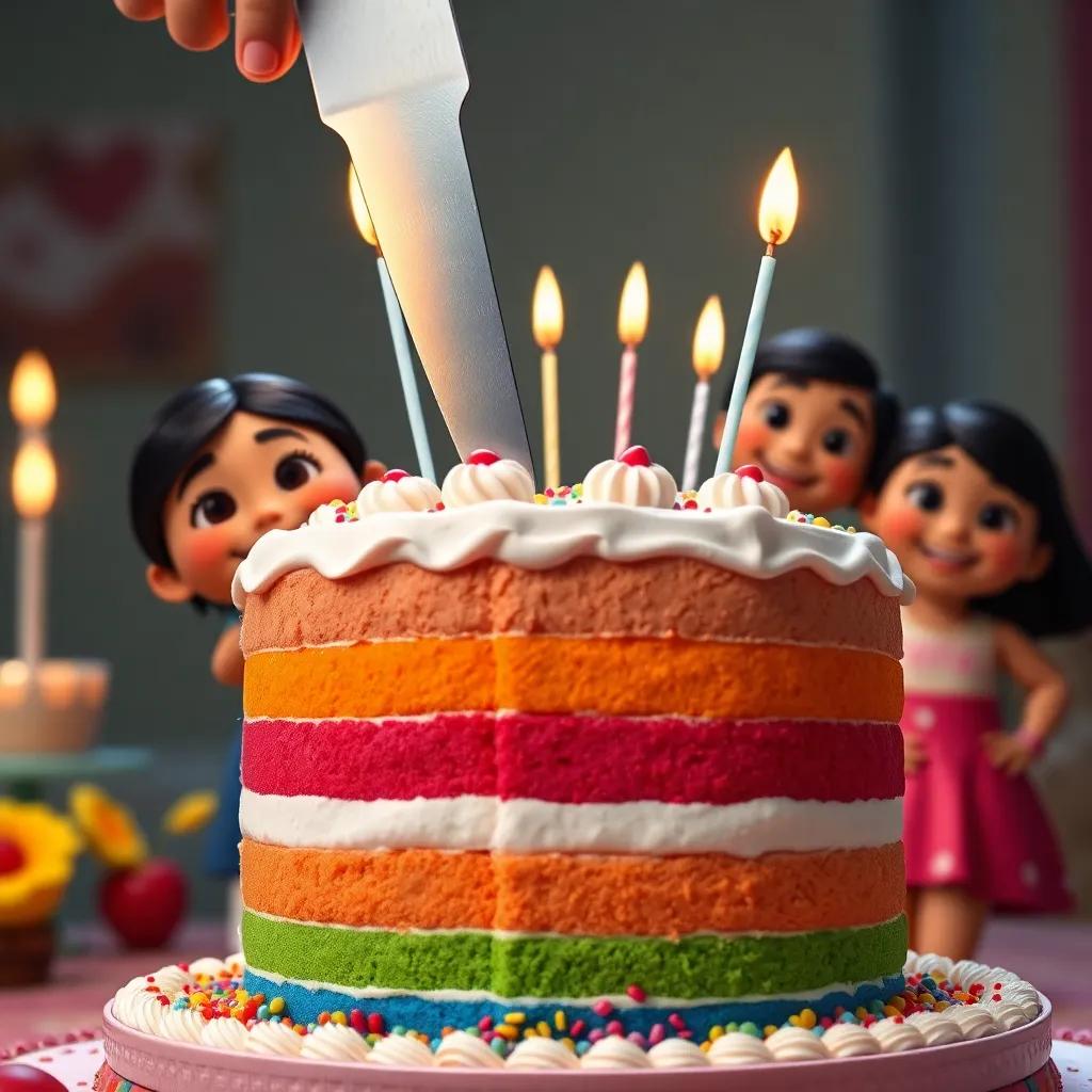 A close-up of the rainbow cake being cut, with colorful layers and smiling faces of Coco and friends, joyful celebration, bright colors, high quality