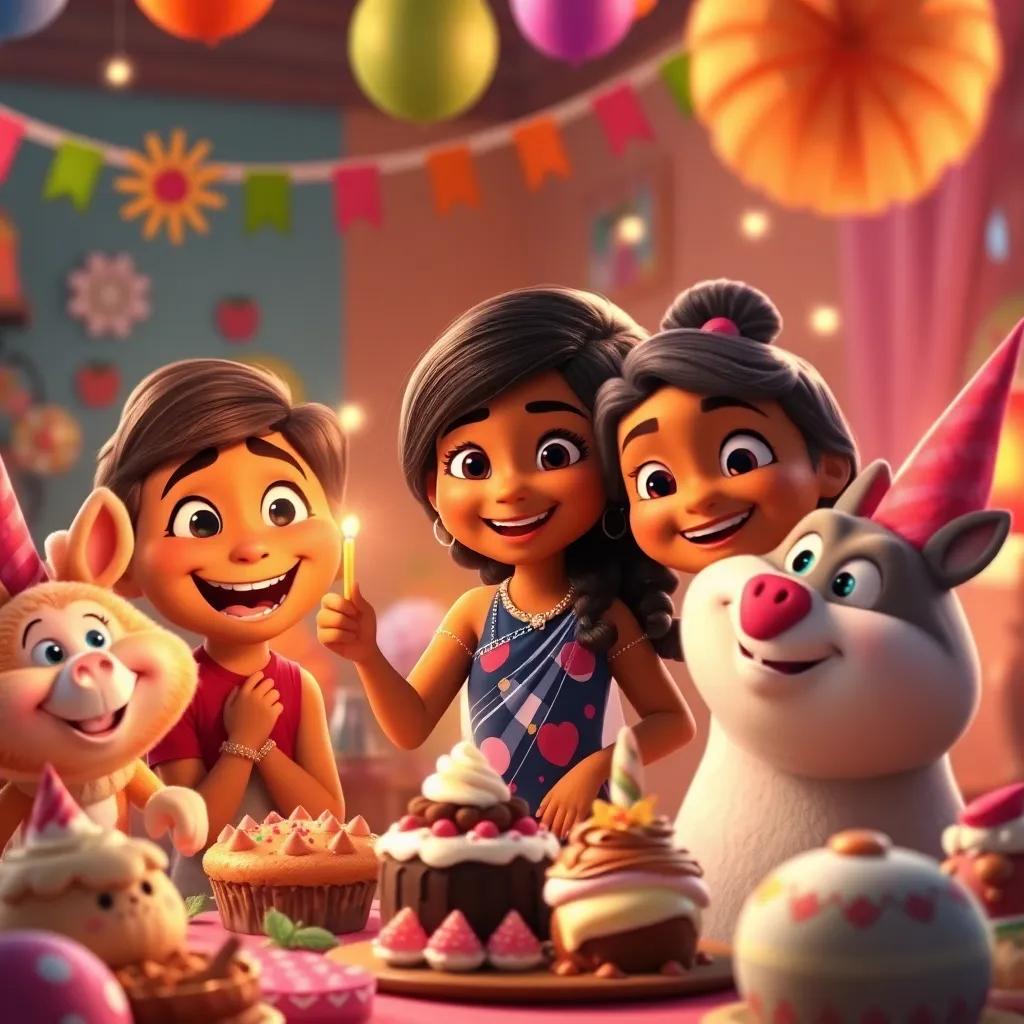 Coco and her friends celebrating together, surrounded by cheerful decorations and delicious treats, feeling proud and happy, warm light, joyful atmosphere, high quality