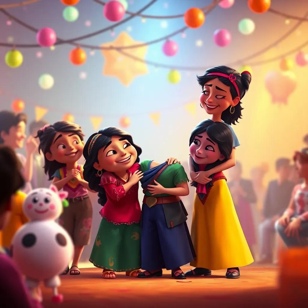Coco embracing her friends, sharing the joy of teamwork at the party, vibrant and warm colors, digital art, heartwarming scene, high quality