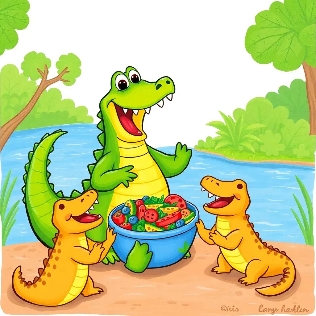 Coco the crocodile, joyfully sharing his colorful salad with other playful crocodiles eagerly tasting it, surrounded by green trees and a river, cheerful scene, bright colors, child-friendly, engaging