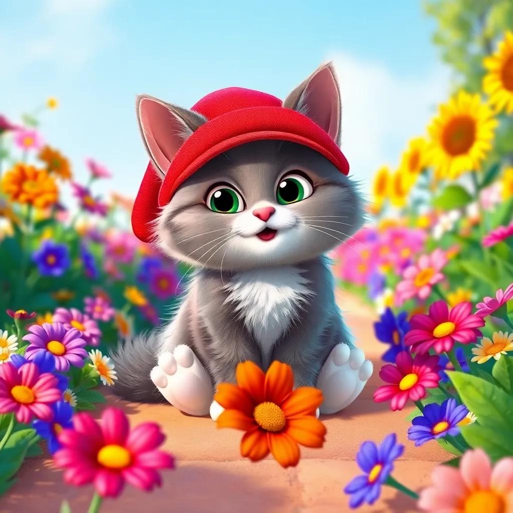 Coco the cat, a fluffy grey cat with white paws, wearing a bright red cap, sitting on a sunny garden path surrounded by colorful flowers, cheerful atmosphere, vibrant colors, bright sunny day, high quality