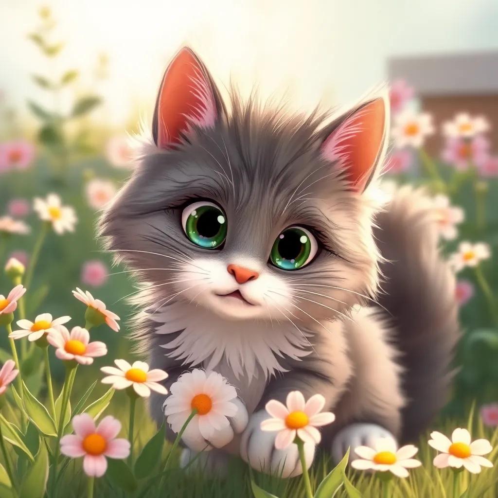Coco the cat, a fluffy grey cat with white paws, with big curious eyes, smelling flowers in the garden, detailed illustration, soft pastel colors, warm light, inviting scene, high quality