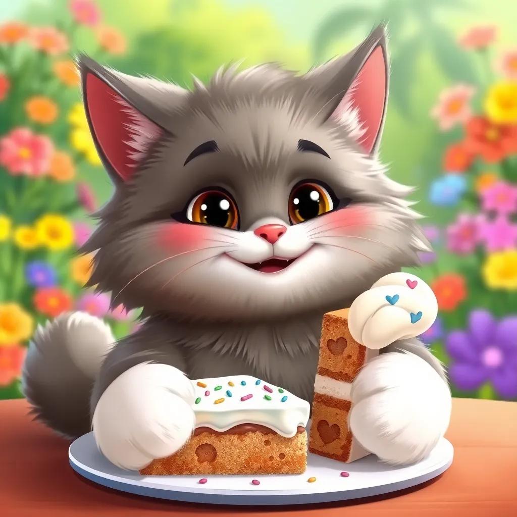 Coco the cat, a fluffy grey cat with white paws, smiling with a big slice of cake in front of her, icing and sprinkles on the cake, colorful garden background, cheerful mood, vibrant colors, child-friendly illustration, high quality