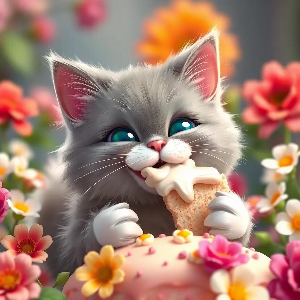 Coco the cat, a fluffy grey cat with white paws, taking a big bite of cake with icing on her face, surrounded by flowers, playful expression, vivid colors, warm light, delightful scene, high quality