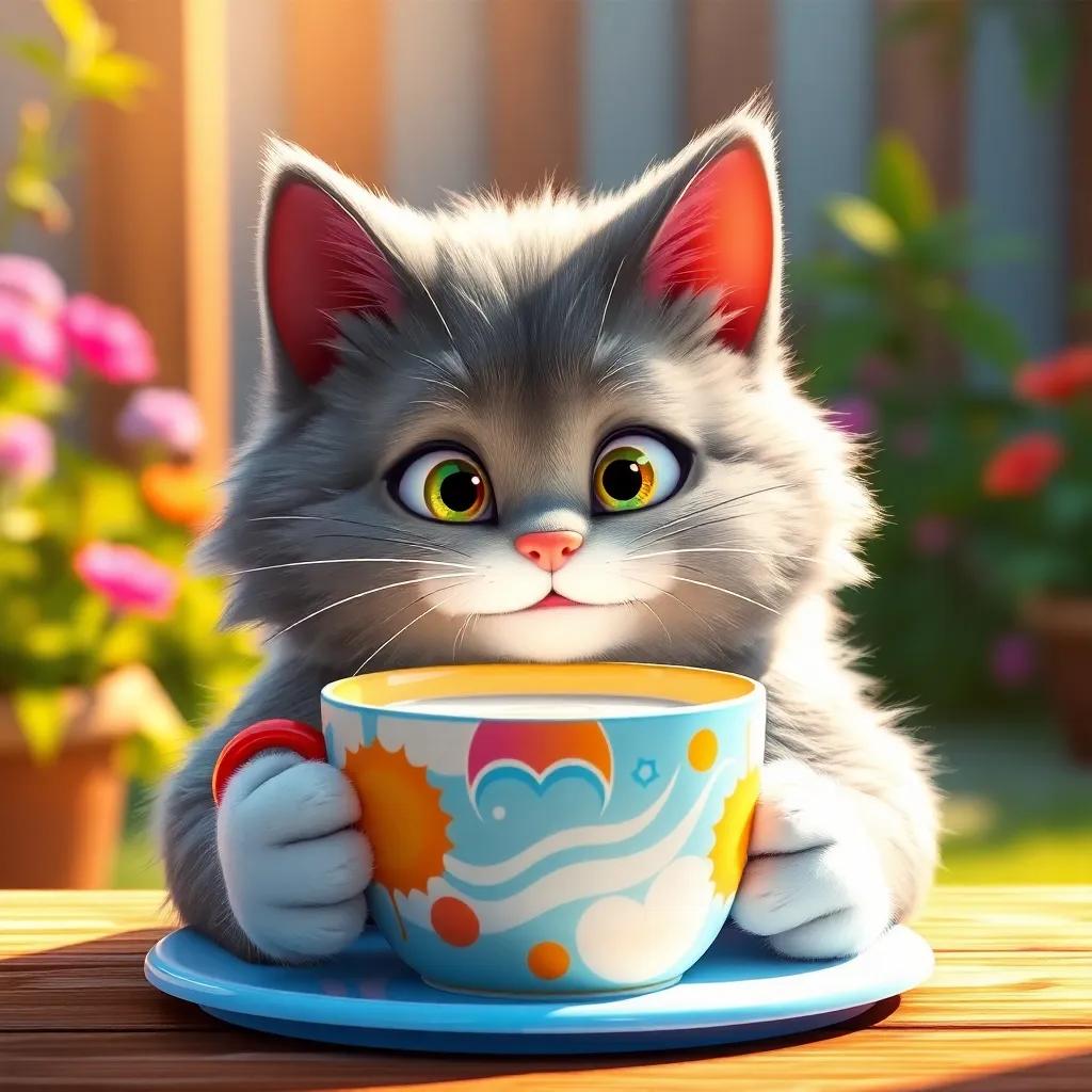Coco the cat, a fluffy grey cat with white paws, looking at a colorful cup filled with white milk, with the sun shining brightly, appealing facial expression, warm light, cozy garden background, high quality