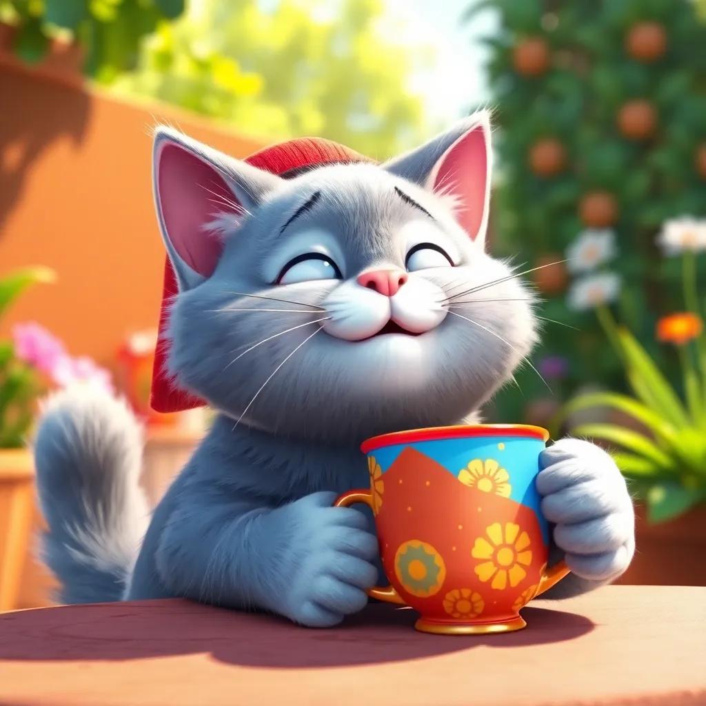 Coco the cat, a fluffy grey cat with white paws and a red cap, happily drinking from a colorful cup, her paws resting on a table, sunny garden backdrop, joyful mood, bright colors, high quality