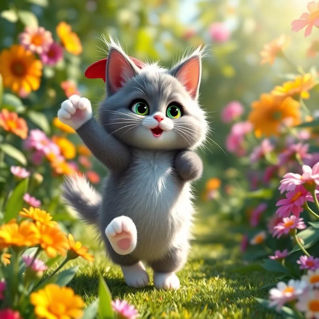 Coco the cat, a fluffy grey cat with white paws, dancing in the garden, with her red cap bouncing, surrounded by flowers, bright sunlight, playful scene, vivid colors, high quality