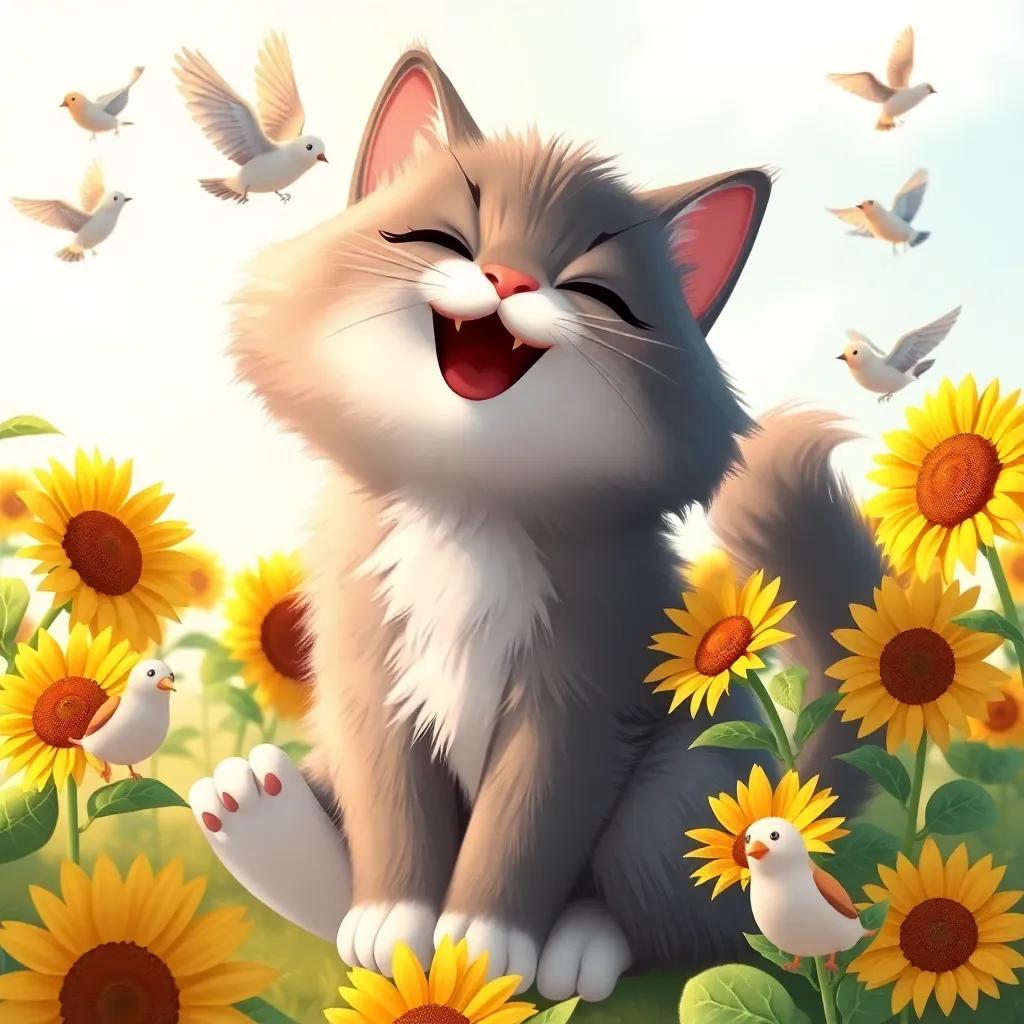 Coco the cat, a fluffy grey cat with white paws, surrounded by birds and sunflowers, joyful playing with her friends, laughters in the air, sunny background, warm colors, heartwarming illustration, high quality