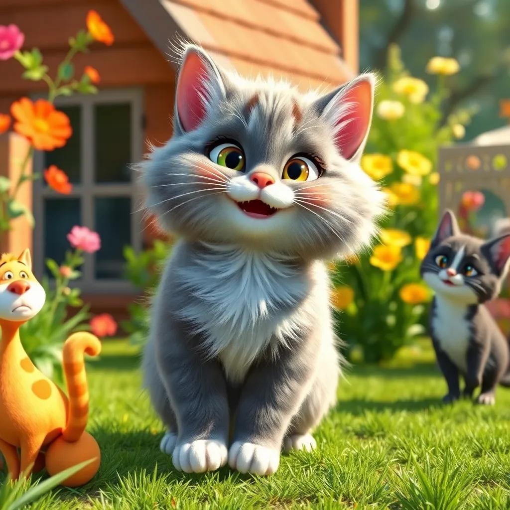Coco the cat, a fluffy grey cat with white paws, playing with her friends in the garden, joyful expressions, vivid colors, bright sunny day, cheerful atmosphere, high quality