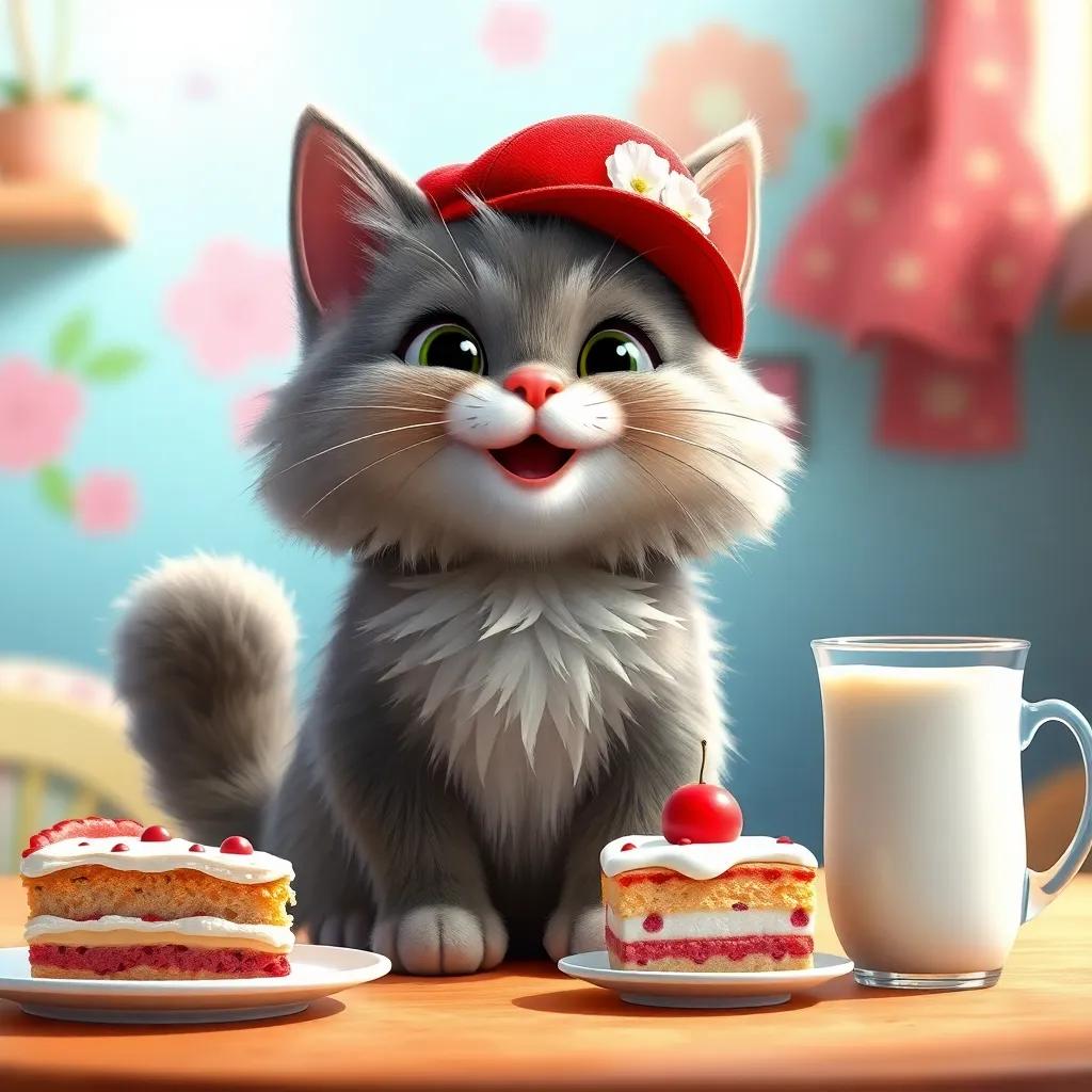 Coco the cat, a fluffy grey cat with white paws, wearing her red cap proudly, standing next to a slice of cake and a cup of milk, joyful smile, colorful surroundings, bright light, high quality