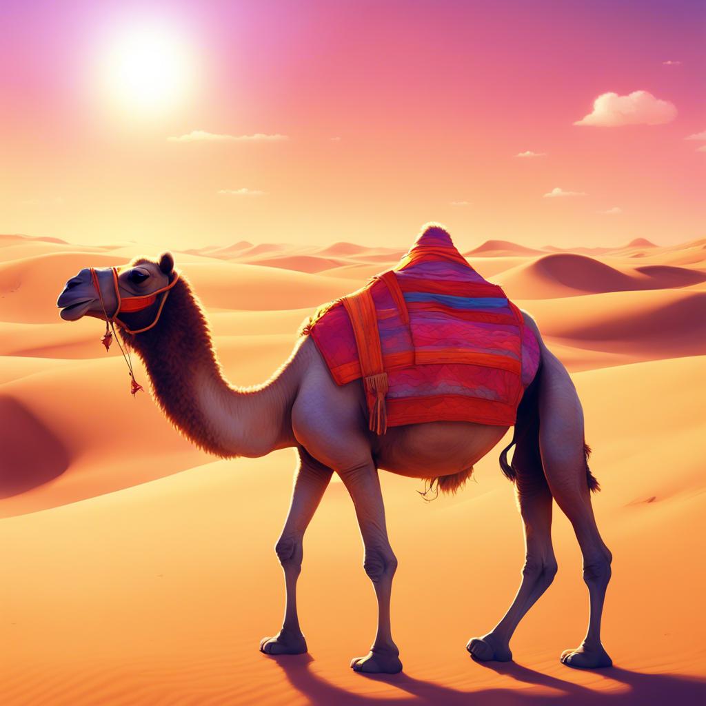 A curious camel named Coco, with a shiny coat, walking across warm golden sand dunes under a bright sun, digital art, vibrant colors, cheerful atmosphere, high quality