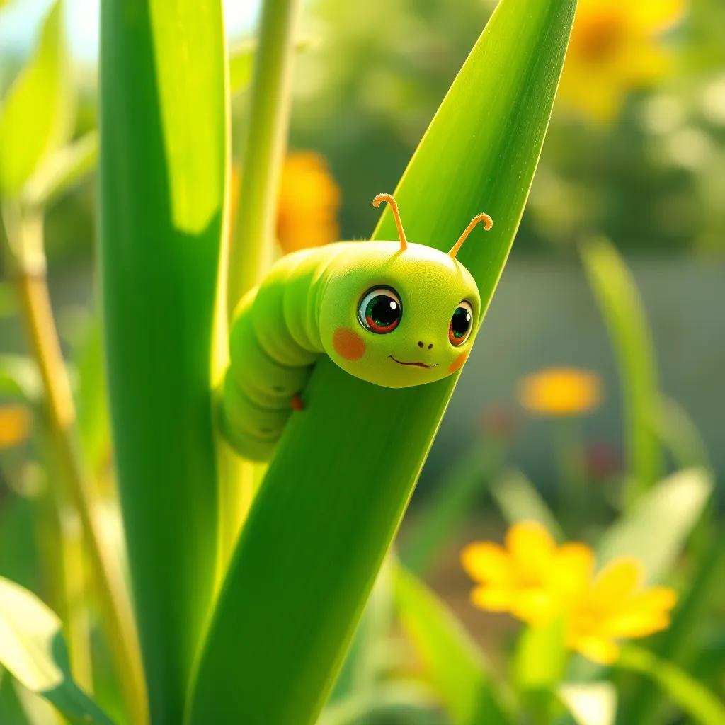 A bright green caterpillar, Coco, with tiny curious eyes, crawling on a tall leafy plant in a sunny garden, digital art, vibrant, cheerful atmosphere, high quality