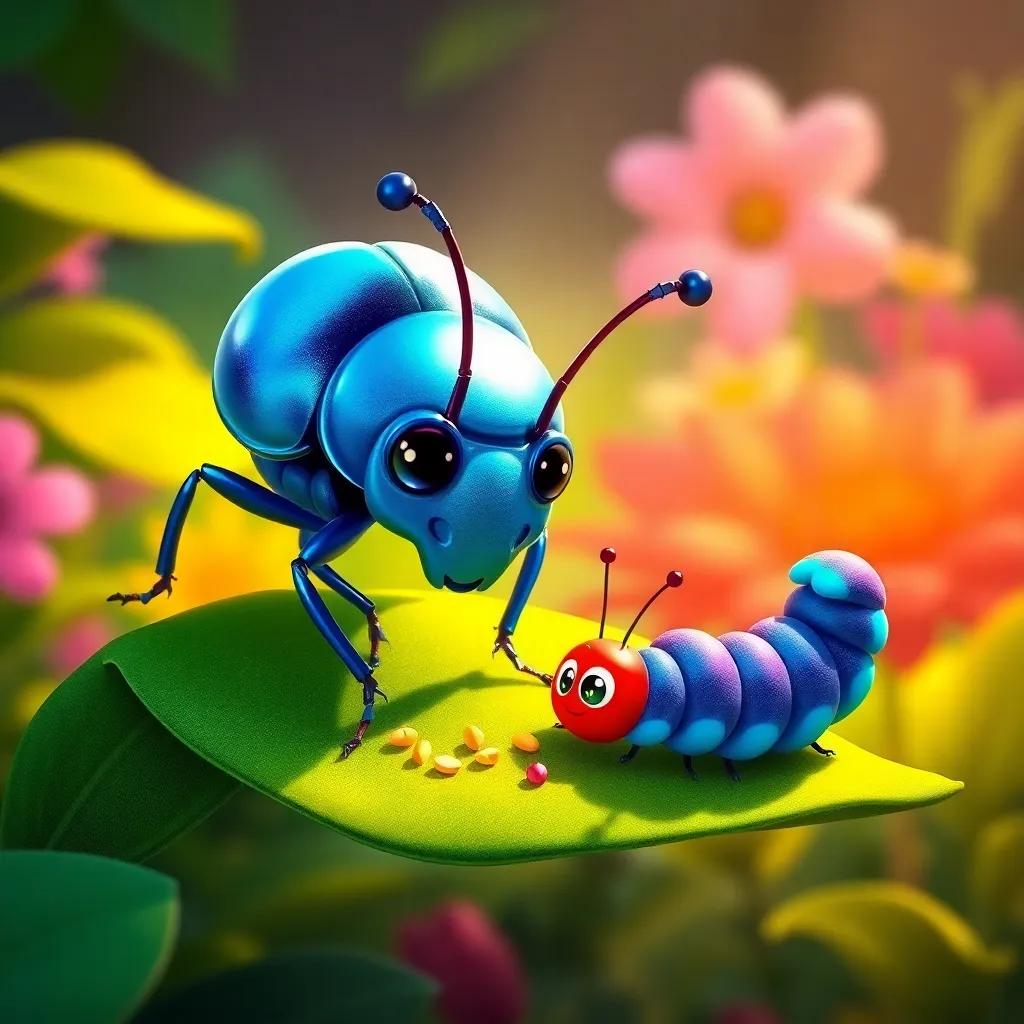 A shiny blue beetle, Benny, busy searching for food on a green leaf, with Coco the caterpillar beside him, in a sunny garden, joyful, colorful, detailed illustration