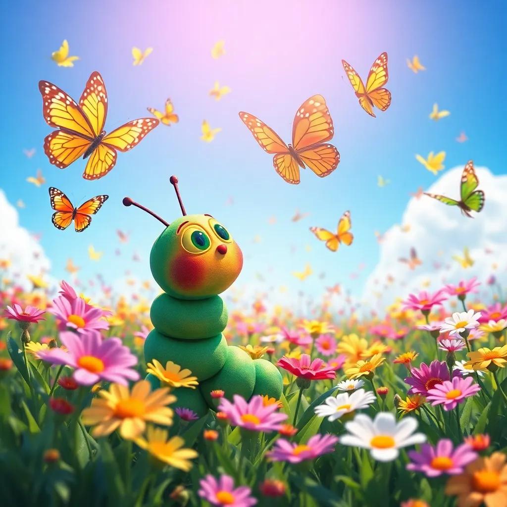 A bright flower field filled with colorful butterflies dancing in the air, with Coco the caterpillar gazing in awe, under a bright blue sky, digital painting, lively and magical, captivating colors