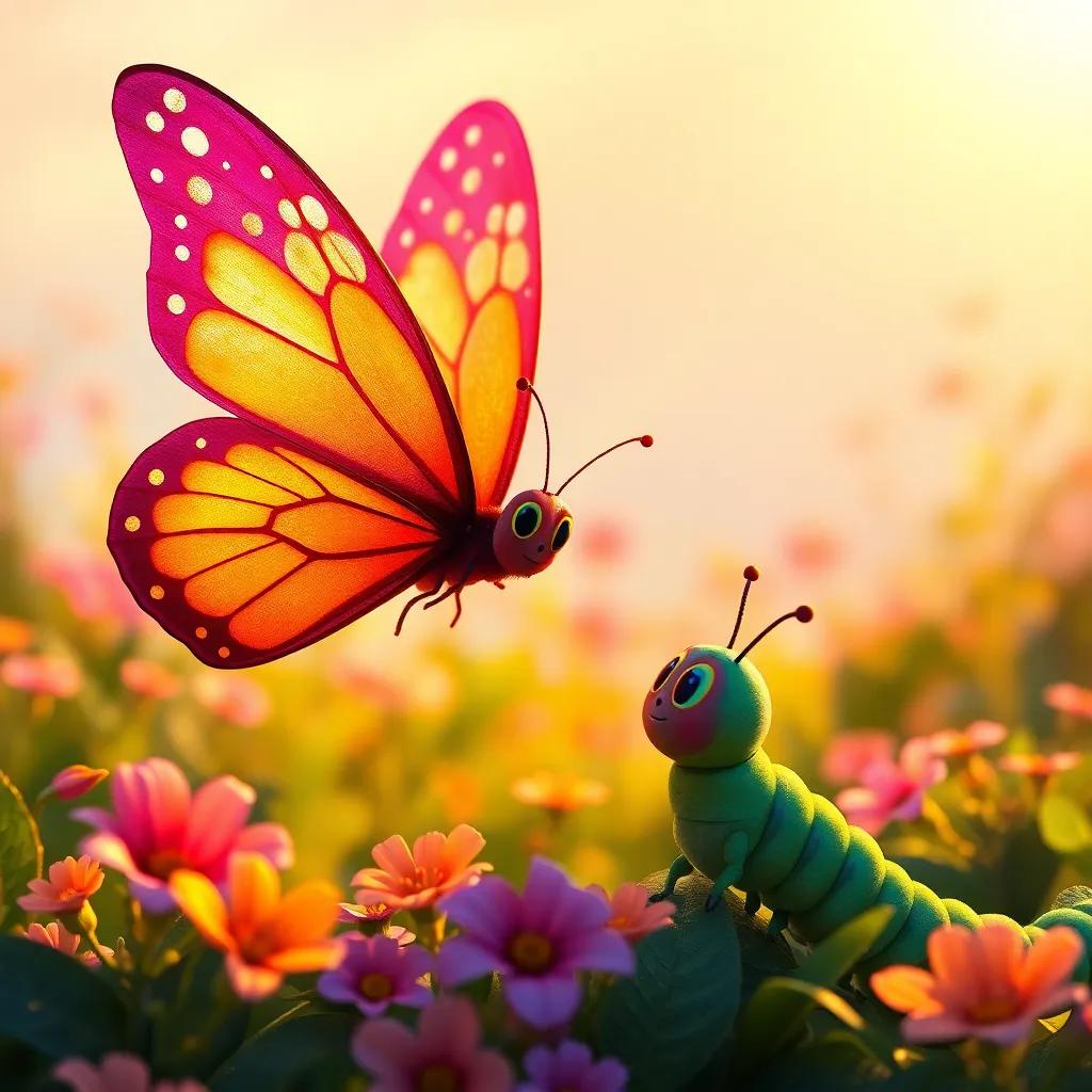 A butterfly with wings like the sunset—orange, pink, and purple, Bella the Butterfly, speaking to Coco the caterpillar, surrounded by flowers, warm sunlight, enchanting scene, vibrant colors