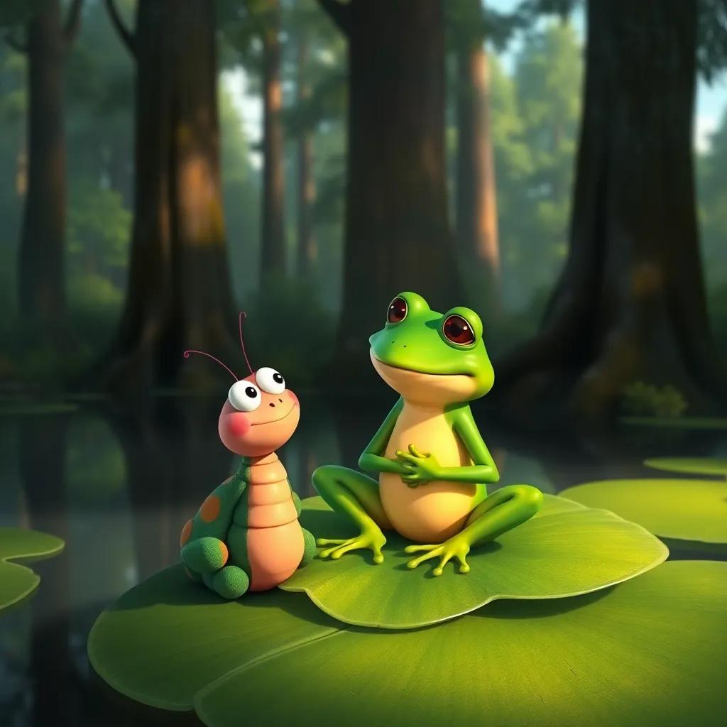 A wise green frog, Freddy, sitting on a lily pad, giving advice to Coco the caterpillar, with tall trees and a calm pond in the background, detailed digital art, serene atmosphere, high quality
