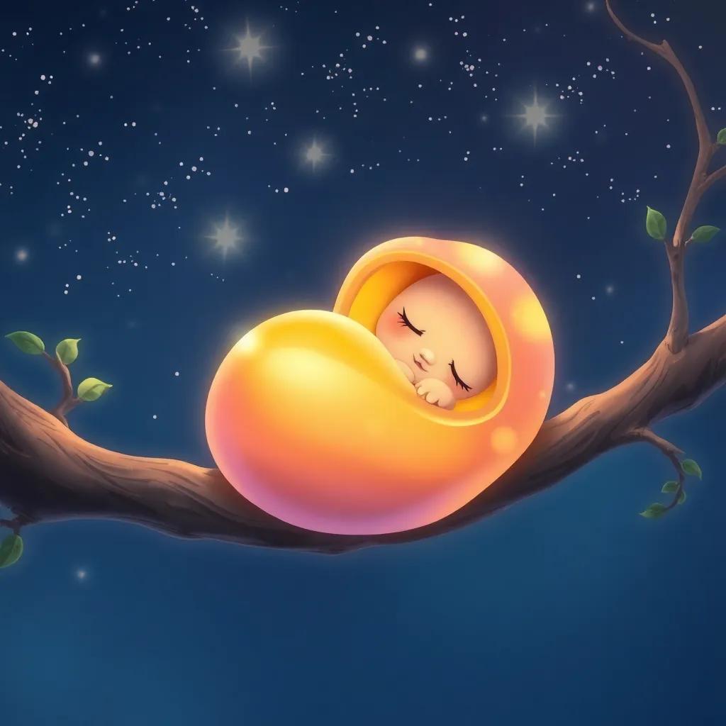 A cozy branch with Coco curled up in a shiny, colorful cocoon, dreaming under a starry night sky, soft colors, peaceful and comforting, whimsical vibes