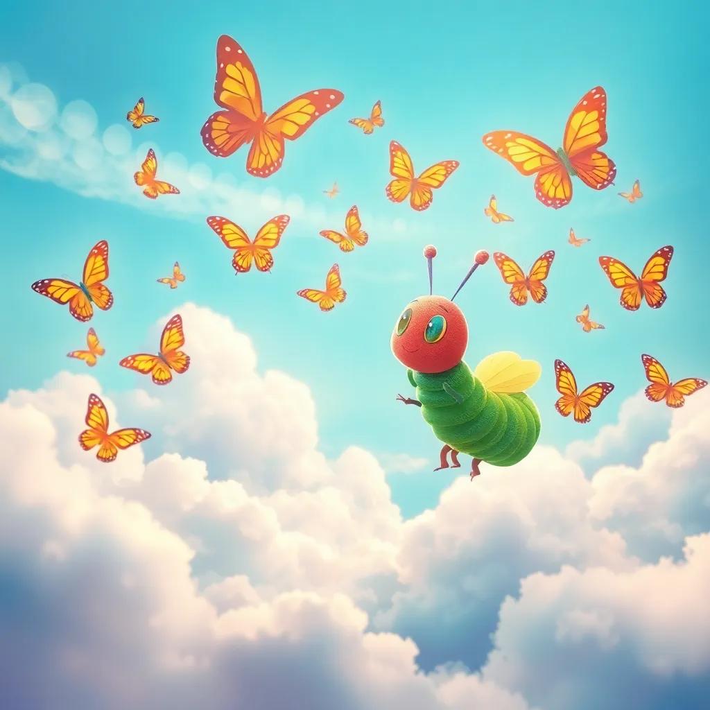 A dreamlike scene of Coco the caterpillar imagining herself flying through the sky surrounded by colorful butterflies, soft clouds, bright colors, fantasy illustration, uplifting