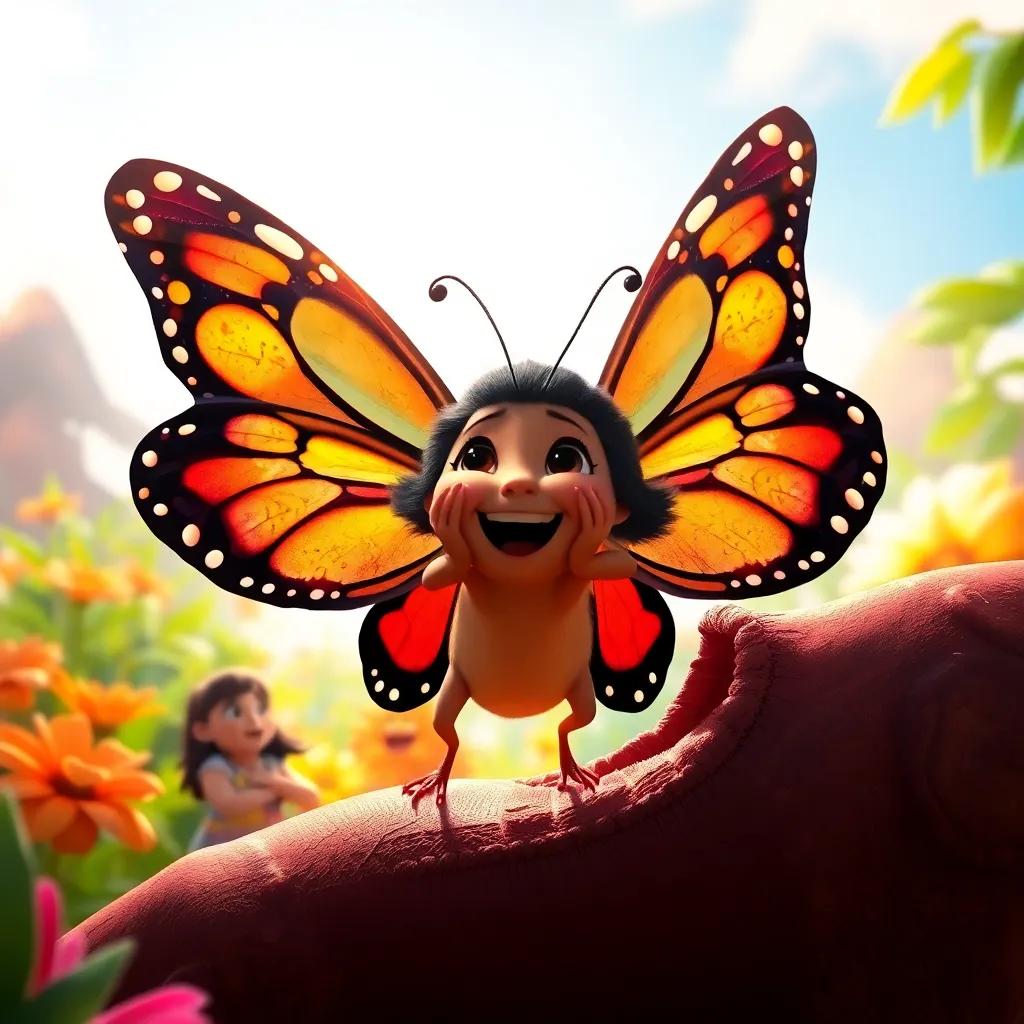 A close-up of Coco breaking free from her cocoon, emerging as a lovely butterfly, wings spread wide, with a backdrop of a sunny garden and friends watching, joyful moment, beautiful colors