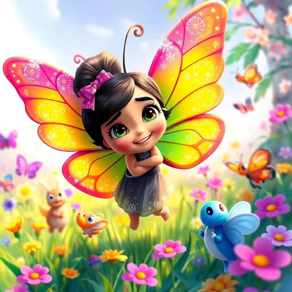 Coco, now a butterfly with sparkling wings, joyfully exploring the butterfly world with her colorful friends in a bright, vibrant meadow, colorful illustration, lively and cheerful atmosphere, high quality