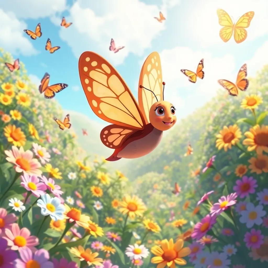 Coco the butterfly, flying high above a beautiful garden, with butterflies and flowers all around her in a magical sunny day, joyful and free, whimsical art, vibrant colors