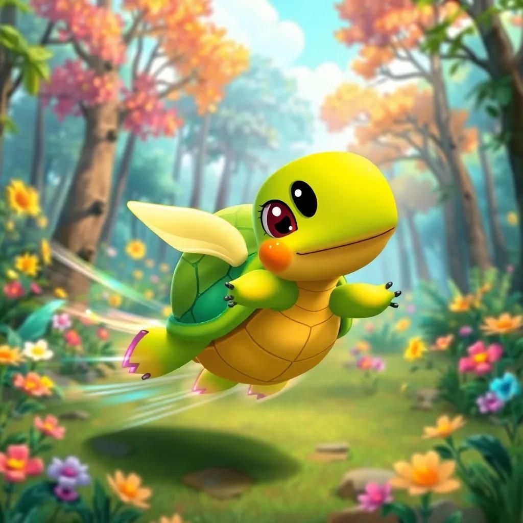 Coco the turtle, with a bright green shell and small feet, wearing magical Wind Shoes, zooming past colorful trees and flowers in the forest, full of energy and excitement, joyful expression, bright light, colorful landscape, cartoon illustration, dynamic action, uplifting scene