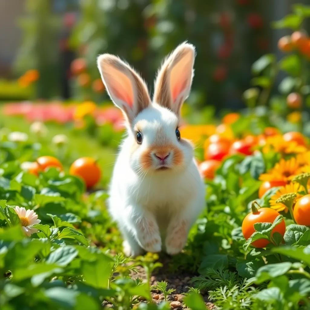 A cute bunny named Coco, a small rabbit with fluffy white fur, big ears, hopping through a bright green garden filled with colorful vegetables, sunny day, cheerful atmosphere, vibrant colors, high quality