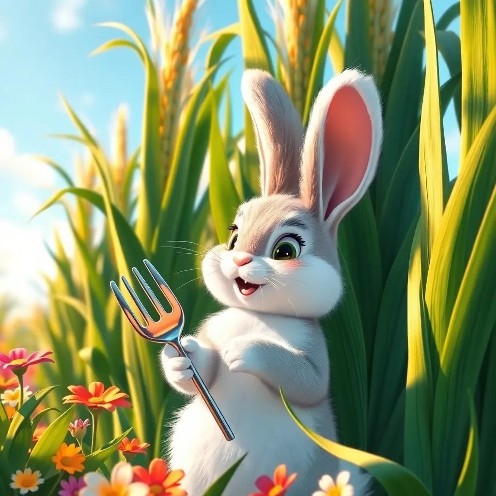 Coco the bunny, with fluffy white fur, looking excited next to tall green corn stalks waving in the breeze, holding a shiny silver fork in her tiny paws, surrounded by colorful flowers, warm light, playful vibe, detailed illustration