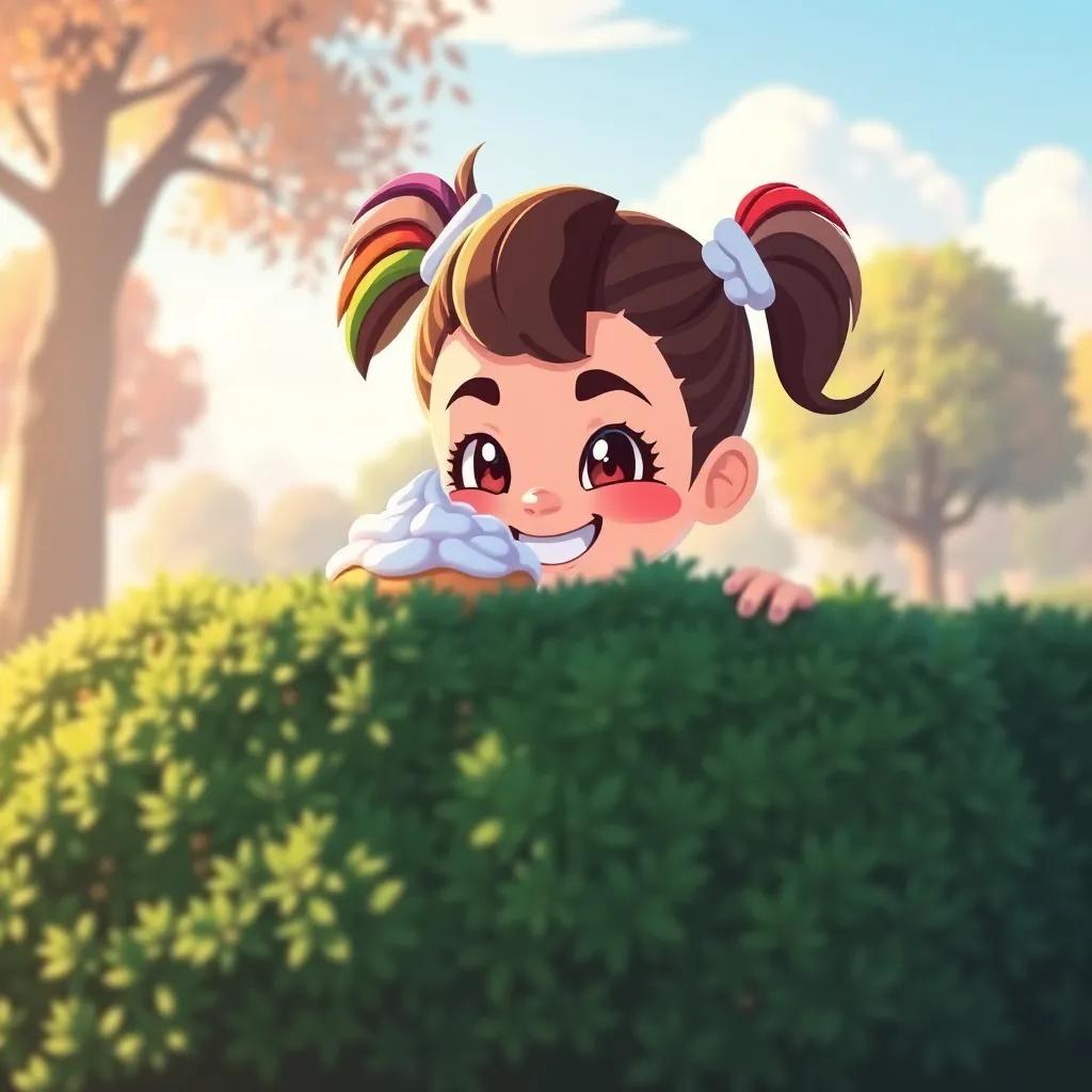 Cookie Feathergarland, a cheerful young girl with colorful pigtails and a mischievous smile, hiding behind a bush with a whipped cream pie, sunny park background, vibrant colors, playful atmosphere, cartoon style, high quality