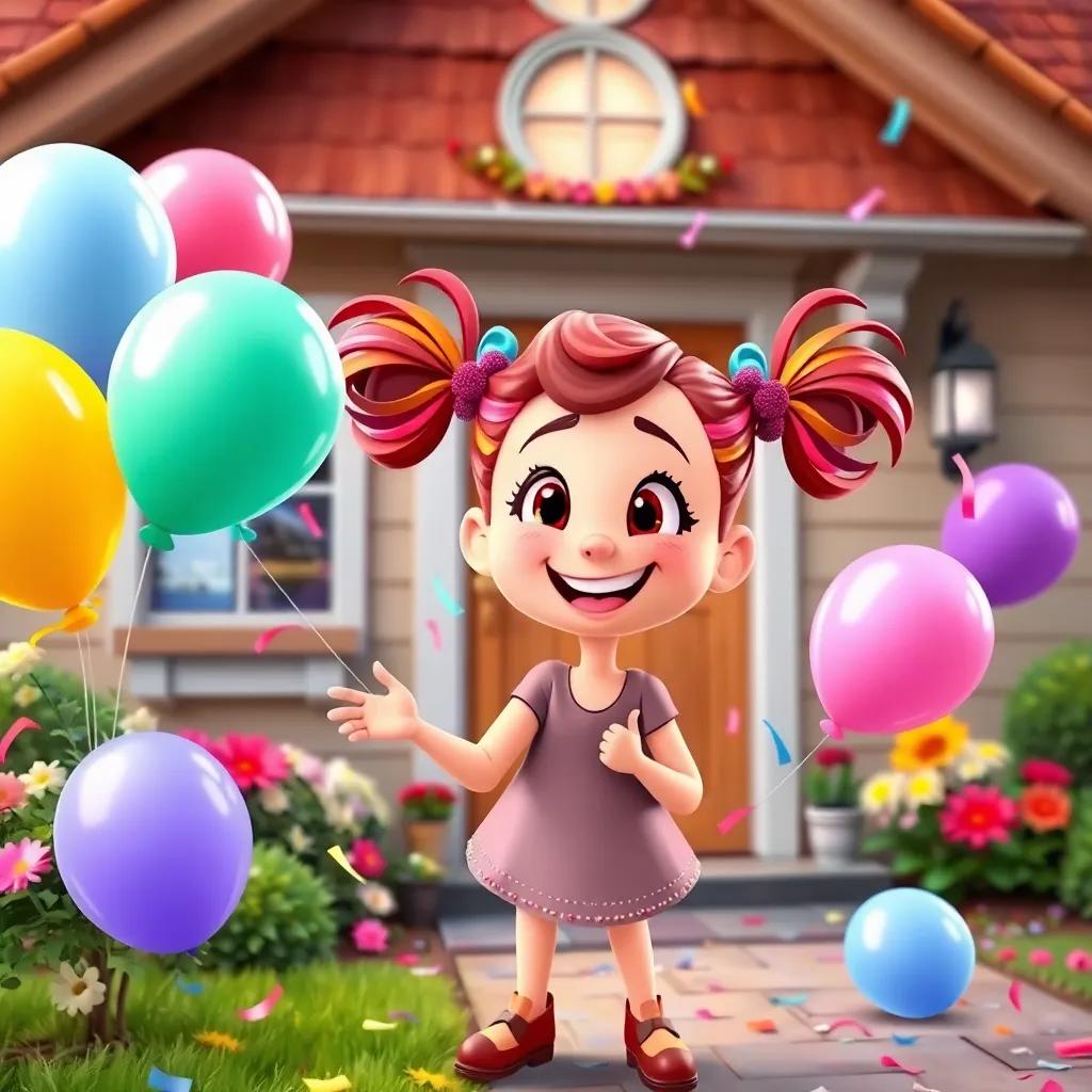 Cookie Feathergarland, a cheerful young girl with colorful pigtails and a mischievous smile, setting up a prank with balloons and confetti in front of a cozy house, decorated with flowers, bright and cheerful colors, fun and lively scene, cartoon style, high quality