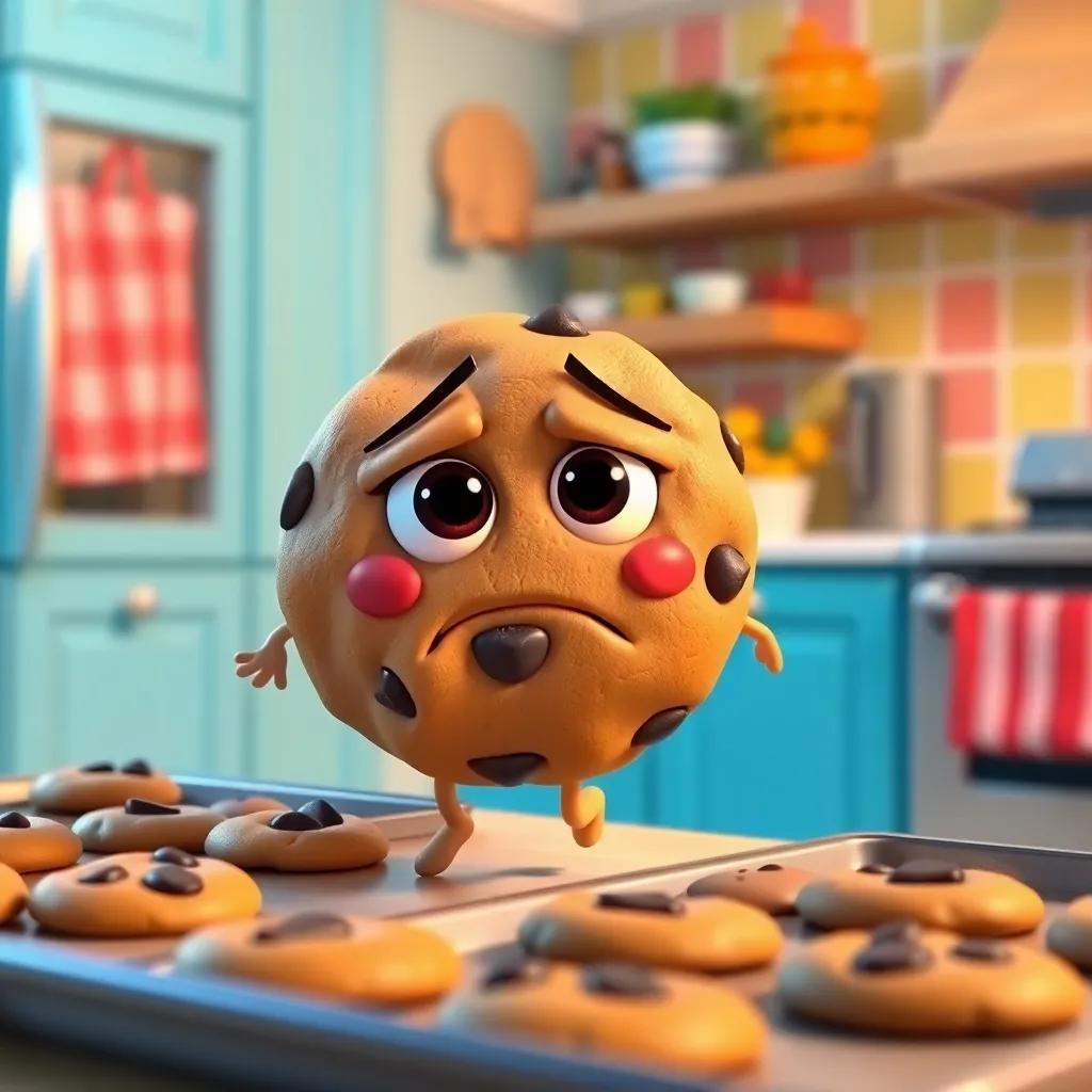 A cute chocolate chip cookie with big eyes and a worried expression, rolling away from a tray of cookies, surrounded by a bright, colorful kitchen, digital art, cheerful and vibrant, inviting atmosphere, high quality