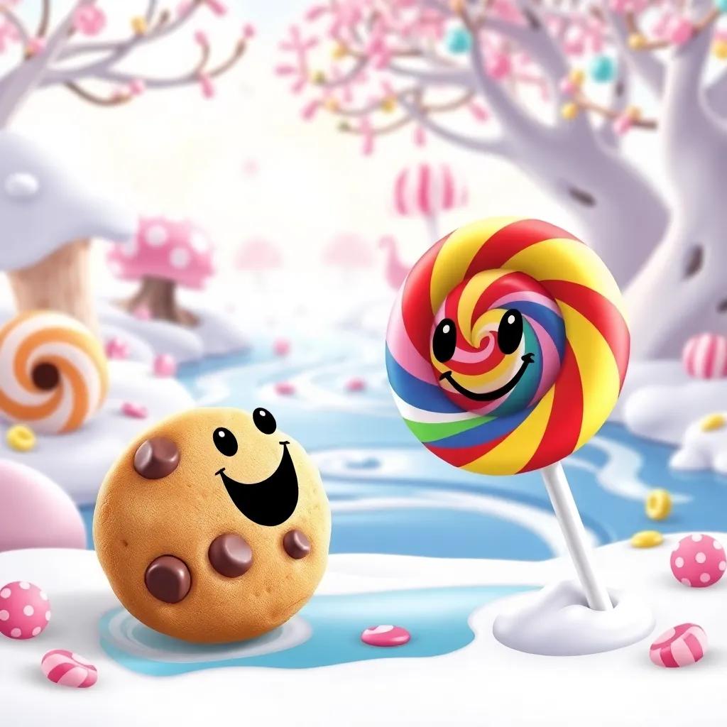 A chocolate chip cookie meeting a colorful lollipop named Candy, set in Cookie Land with candy trees and rivers of milk, cheerful and whimsical, bright colors, joyful scene, high quality