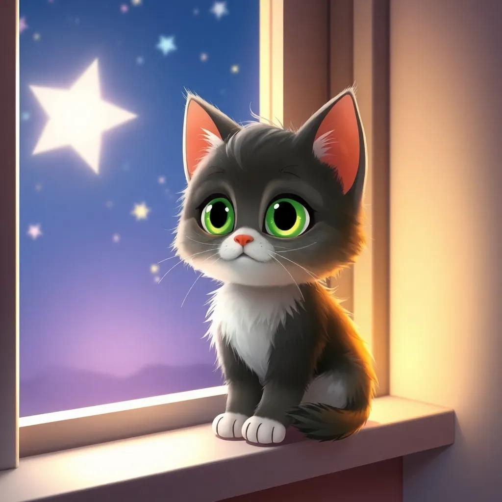 A small fluffy cat, Cosmo, with big green eyes, sitting on a windowsill, gazing at a starry sky outside, digital art, vibrant colors, cozy atmosphere, child-friendly