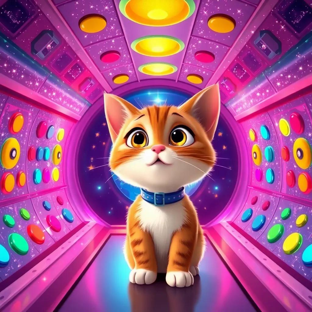 A shiny spaceship with sparkling walls, filled with colorful buttons, with Cosmo the cat looking amazed, digital art, bright colors, exciting atmosphere, child-friendly