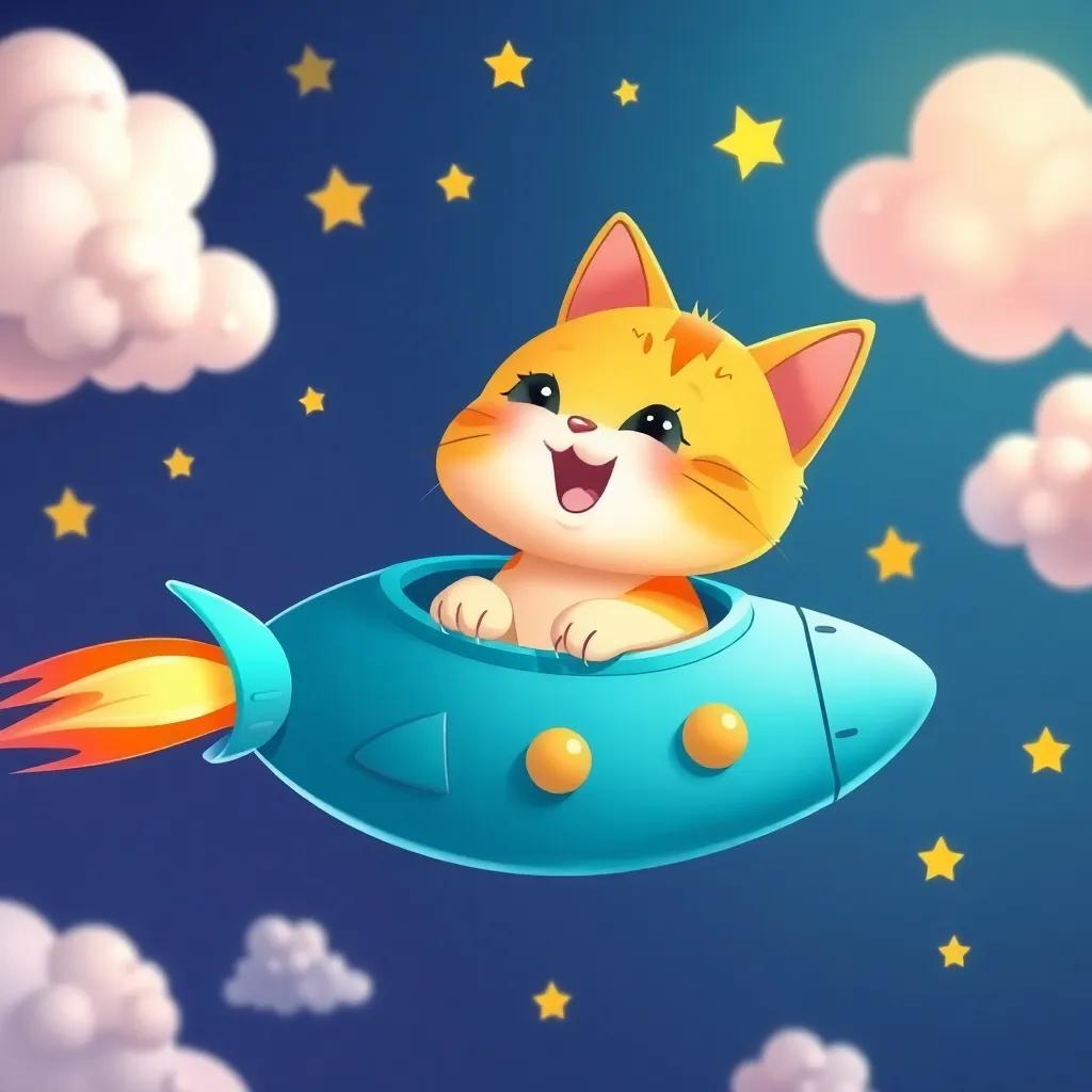 A cat in a spaceship flying past fluffy clouds and bright stars, with a joyful expression on its face, digital art, cheerful colors, whimsical scene, child-friendly