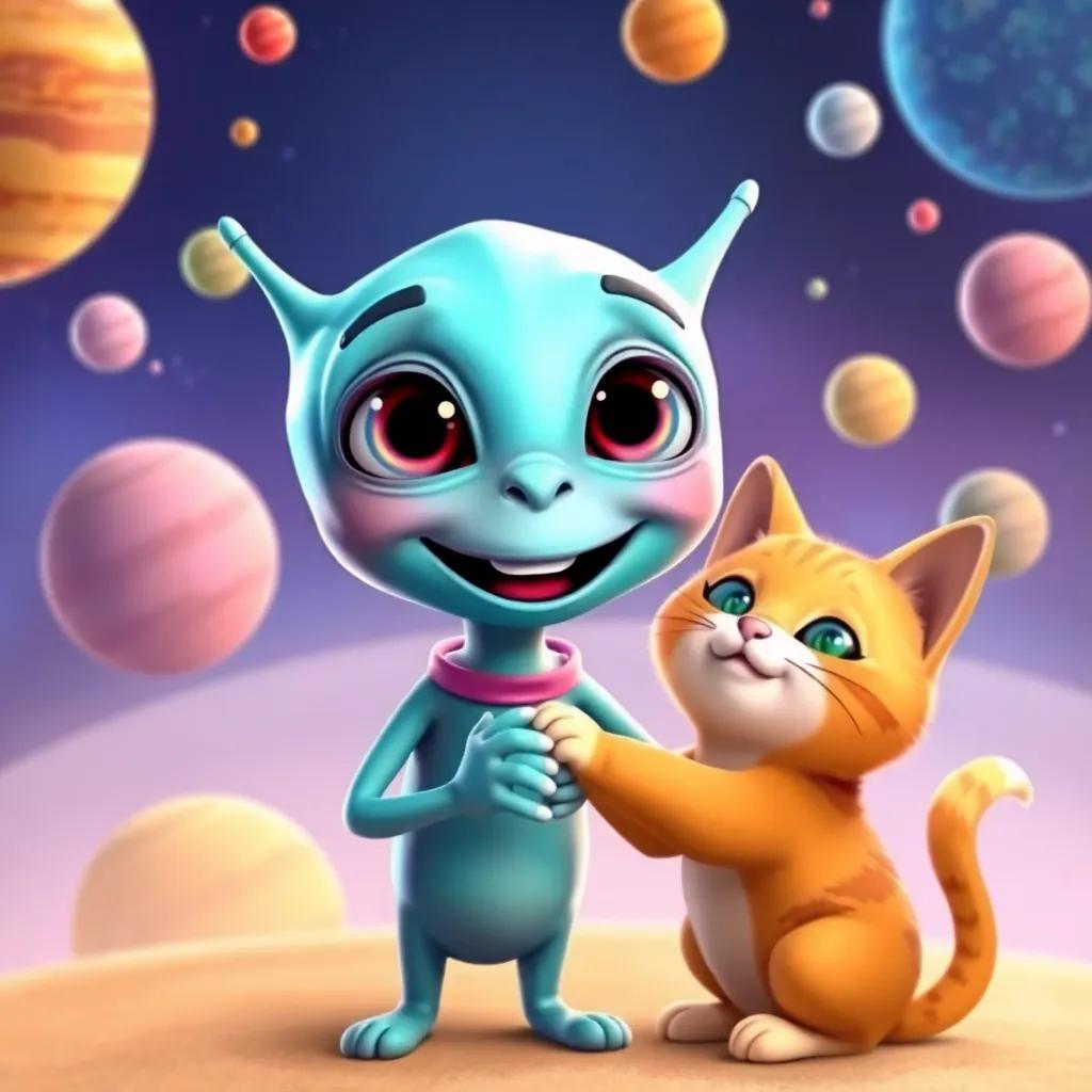 An alien named Zog, with three eyes and a bright friendly smile, shaking paws with Cosmo the cat in space, surrounded by colorful planets, digital art, vibrant palette, friendly environment, child-friendly