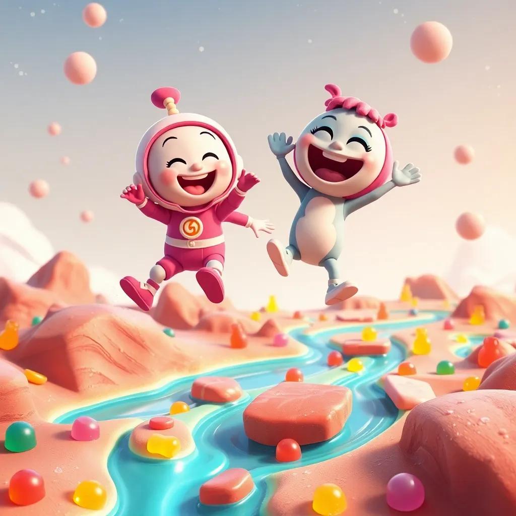 Cosmo and Zog bouncing on a planet made of candy, with candy rivers and gummy bears, both laughing and having fun, digital art, sweet colors, playful theme, child-friendly