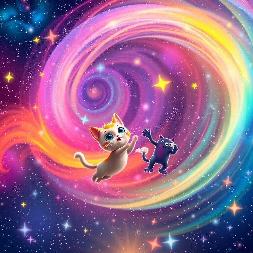 A colorful nebula with swirling stars, where Cosmo the cat and Zog are spinning in the starlight, filled with glitter and magic, digital art, vivid colors, dreamy feel, child-friendly