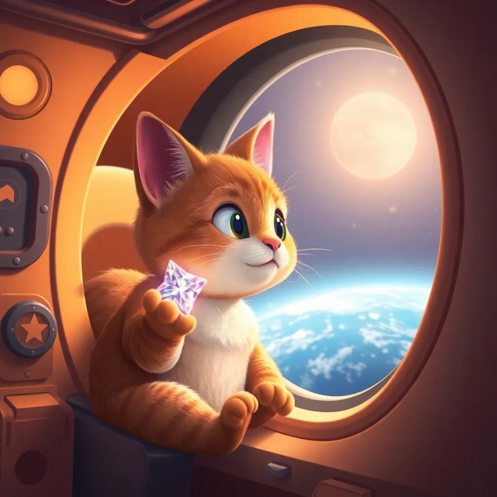 Cosmo the cat in his spaceship with a star-shaped crystal in his paw, looking out the window at the Earth below, digital art, warm colors, heartwarming vibe, child-friendly