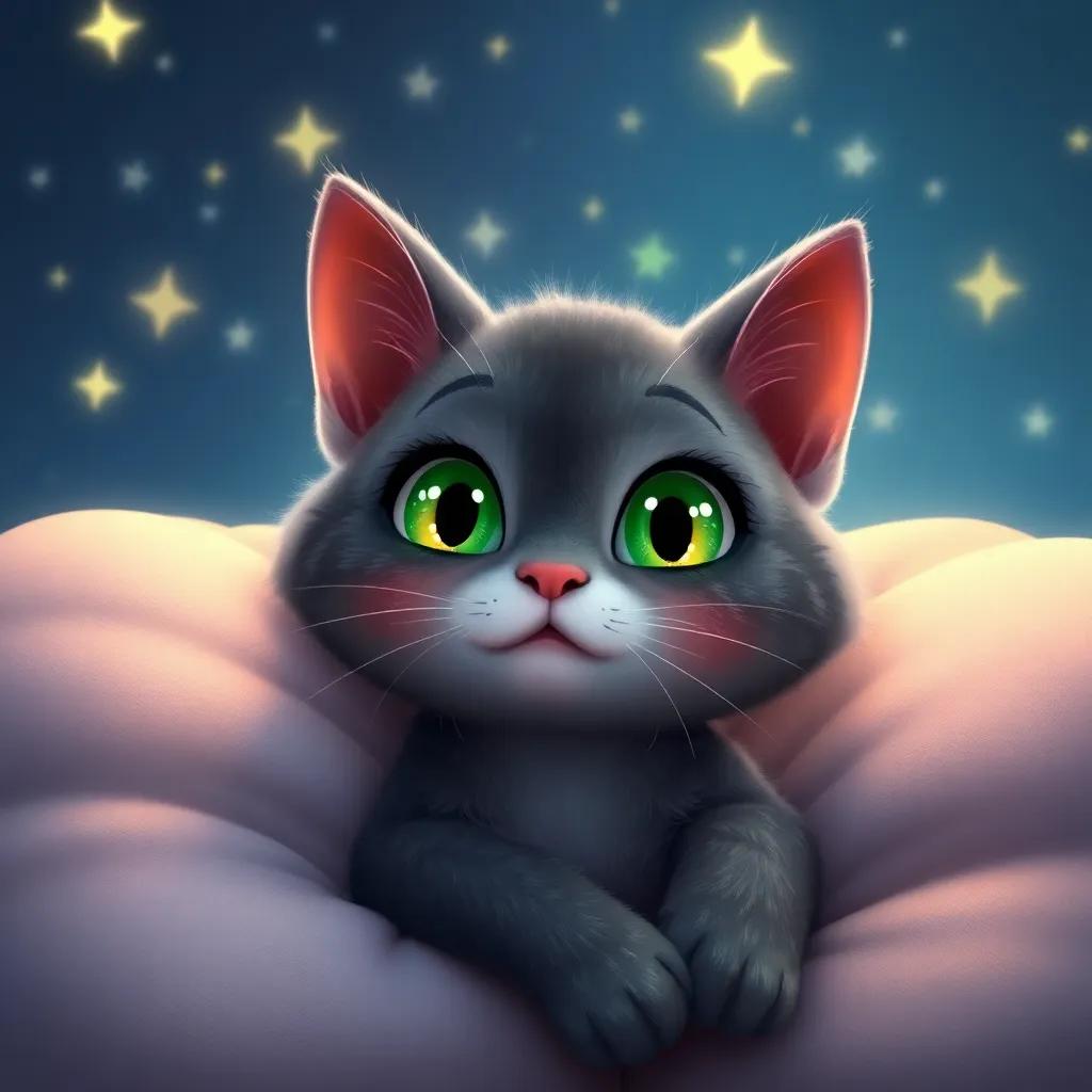 Cosmo the cat twinkling like the stars outside, with a dreamy look in his big green eyes, lying on a comfy pillow, digital art, soft colors, serene atmosphere, child-friendly