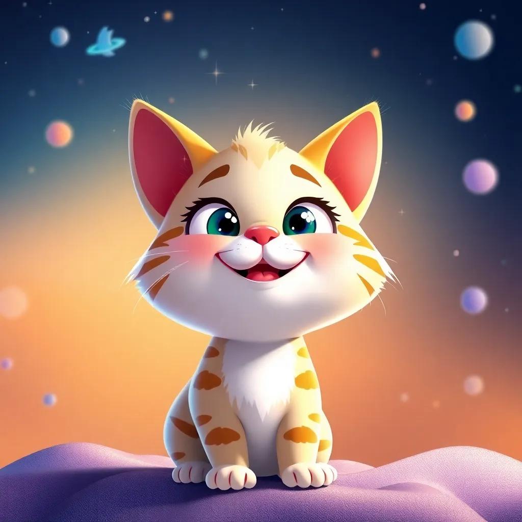 Cosmo the cat looking happy and fulfilled, imagining all his space adventures, with a sparkle in his eyes and a smile on his face, digital art, cheerful color, imaginative space backdrop, child-friendly