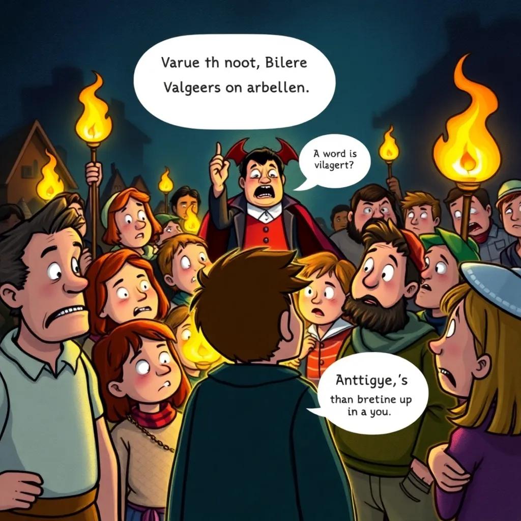 A crowd of villagers in Transylvania with worried faces and torches, accusing Count Dracula who is in the background with a look of surprise, Antoine trying to speak up, colorful illustration, dramatic tension, night scene, detailed characters, storytelling