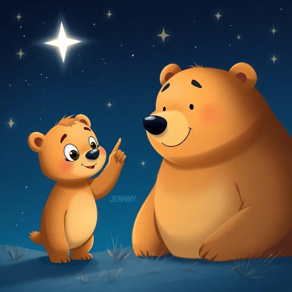 Benny the bear, a young light brown bear with big eyes, pointing at a bright North Star in the night sky, with Mama Bear beside him, a gentle smile on her face, surrounded by twinkling stars, illustration, magical, soft lighting, engaging scene, high quality