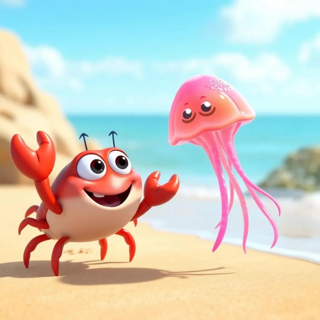 A happy crab named Crabby, with big cheerful eyes and little claws, talking excitedly to a colorful jellyfish named Jelly, who has bright pink translucent tentacles, on a sunny beach, digital art, vibrant colors, cheerful atmosphere, child-friendly, high quality