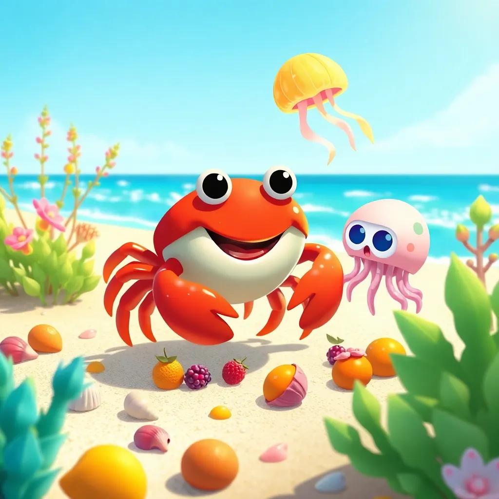 Crabby, the cheerful crab, searching for shiny oranges and berries on the beach with Jelly, the jellyfish, who hovers nearby, surrounded by colorful beach plants and seashells, illustration, bright colors, sunny day, high quality