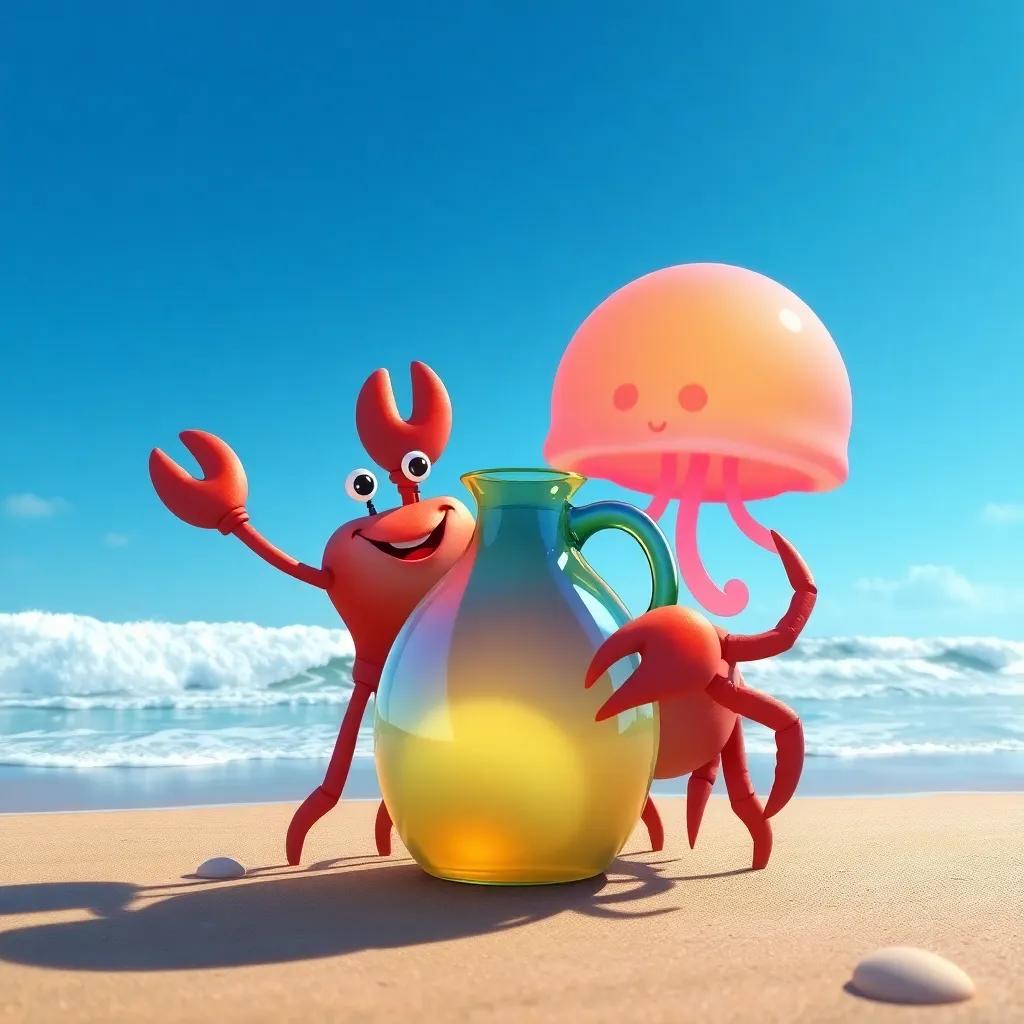 Crabby, the crab with a big smile, and Jelly, the glowing jellyfish, setting up a big colorful jug at the beach under a blue sky, seaside waves in the background, digital art, cheerful, inviting atmosphere, high quality
