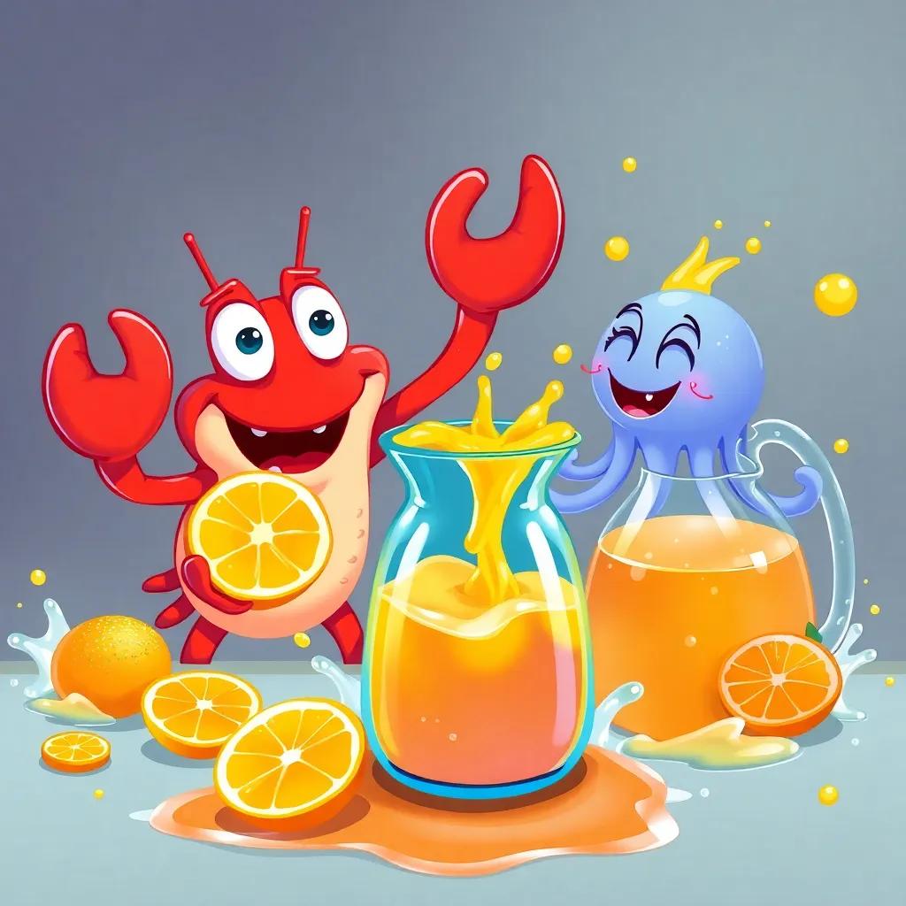 Crabby squeezing bright oranges with all his strength and jellyfish Jelly giggling beside him, juice splashing everywhere, the colorful jug filling with juice, illustration, fun, playful vibe, high quality